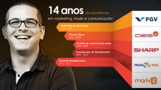14 anos de experiência
em marketing, trade e comunicação
Assistente de Marketing
2000 - 2006
Planner Pleno
2006 - 2008
Analista de comunicação senior
2008 - 2009
Coordenador de Planejamento
2009 - 2010
Head de Planejamento
2010 - 2015
 