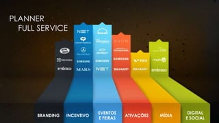 PLANNER
FULL SERVICE
BRANDING INCENTIVO
EVENTOS
E FEIRAS
ATIVAÇÕES
DIGITAL
E SOCIAL
MÍDIA
 