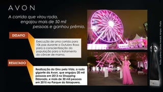 A corrida que virou roda,
engajou mais de 50 mil
pessoas e ganhou prêmio.
DESAFIO
Execução de uma corrida para
10k pax durante o Outubro Rosa
para a conscientização da
população para o tratamento
do câncer de mama.
RESULTADO
Realização do Giro pela Vida, a roda
gigante da Avon, que engajou 20 mil
pessoas em 2013 no Shopping
Eldorado, e mais de 30 mil pessoas
em 2015 no Parque do Ibirapuera.
TroféuprêmioGlobesAwardsAmpro-Prata
 