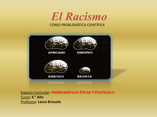 El RacismoCOMO PROBLEMÁTICA CIENTÍFICA
Espacio Curricular: PROBLEMÁTICAS ÉTICAS Y POLÍTICAS II
Curso: 6 ° Año
Profesora: Laura Brizuela
 