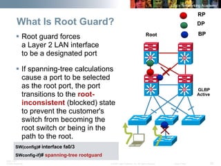 BRK-135T 
CCNA Switching © 2008 Cisco Systems, Inc. All rights reserved. Cisco Public 20 
What Is Root Guard? SiSiSiSiSiSiSiSi 
Root 
GLBP Active 
RP 
DP 
BP 
ƒ 
Root guard forces a Layer2 LAN interface to be a designated port 
ƒ 
If spanning-tree calculations cause a port to be selected as the root port, the port transitions to the root- inconsistent(blocked) state to prevent the customer's switch from becoming the root switch or being in the path to the root. 
SW(config)# interface fa0/3 
SWconfig-if)# spanning-tree rootguard  