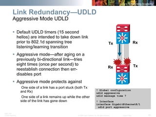 BRK-135T 
CCNA Switching © 2008 Cisco Systems, Inc. All rights reserved. Cisco Public 25 
Link Redundancy—UDLD Aggressive Mode UDLD 
ƒ 
Default UDLD timers (15 second hellos) are intended to take down link prior to 802.1d spanning tree listening/learning transition 
ƒ 
Aggressive mode—after aging on a previously bi-directional link—tries eight times (once per second) to reestablish connection then err- disables port 
ƒ 
Aggressive mode protects against 
One side of a link has a port stuck (both Tx and Rx) 
One side of a link remains up while the other side of the link has gone down 
! Global configuration 
udld aggressive 
udld message time 7 
! Interface 
interface GigabitEthernet8/1 
udld port aggressiveSiSiSiSi 
Tx 
Tx 
Rx 
Rx  