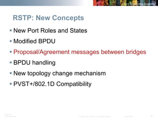 BRK-135T 
CCNA Switching © 2008 Cisco Systems, Inc. All rights reserved. Cisco Public 34 
RSTP: New Concepts 
ƒ 
New Port Roles and States 
ƒ 
Modified BPDU 
ƒ 
Proposal/Agreement messages between bridges 
ƒ 
BPDU handling 
ƒ 
New topology change mechanism 
ƒ 
PVST+/802.1D Compatibility  