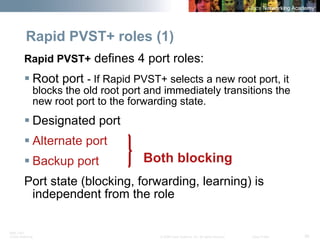 BRK-135T 
CCNA Switching © 2008 Cisco Systems, Inc. All rights reserved. Cisco Public 36 
Rapid PVST+ defines 4 port roles: 
ƒ 
Root port -If Rapid PVST+ selects a new root port, it blocks the old root port and immediately transitions the new root port to the forwarding state. 
ƒ 
Designated port 
ƒ 
Alternate port 
ƒ 
Backup port 
Port state (blocking, forwarding, learning) is independent from the role 
Rapid PVST+ roles (1) 
Both blocking  