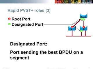 BRK-135T 
CCNA Switching © 2008 Cisco Systems, Inc. All rights reserved. Cisco Public 38 
Rapid PVST+ roles (3) 
Root 
A 
B 
R 
D 
D 
D 
R 
Root Port 
R 
Designated Port 
D 
Designated Port: 
Port sending the best BPDU on a segment  