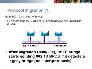 BRK-135T 
CCNA Switching © 2008 Cisco Systems, Inc. All rights reserved. Cisco Public 46 
Protocol Migration (1) 
Mix of 802.1D and 802.1w Bridges: 
ƒ 
1D bridges drop 1w BPDUs Ö1D Bridges always end up sending BPDUs 
• 
After Migration Delay (3s), RSTP bridge starts sending 802.1D BPDU if it detects a legacy bridge (on a per-port basis). 
A 
(1w) 
B 
(1w) 
C 
(1D) 
RSTP BPDU 
STP BPDU  