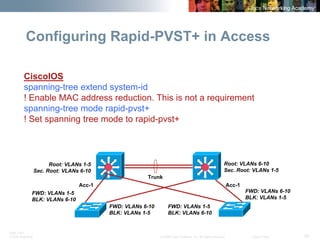 BRK-135T 
CCNA Switching © 2008 Cisco Systems, Inc. All rights reserved. Cisco Public 50 
Configuring Rapid-PVST+ in Access 
Trunk 
FWD: VLANs 1-5 BLK: VLANs 6-10 
Root: VLANs 1-5 Sec. Root: VLANs 6-10 
FWD: VLANs 6-10 BLK: VLANs 1-5 
FWD: VLANs 1-5 BLK: VLANs 6-10 
Root: VLANs 6-10 Sec. Root: VLANs 1-5 
FWD: VLANs 6-10 BLK: VLANs 1-5 
Acc-1 
Acc-1 
CiscoIOS 
spanning-tree extend system-id 
! Enable MAC address reduction. This is not a requirement 
spanning-tree mode rapid-pvst+ 
! Set spanning tree mode to rapid-pvst+  
