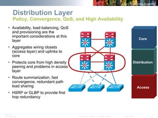 BRK-135T 
CCNA Switching © 2008 Cisco Systems, Inc. All rights reserved. Cisco Public 9 
SiSiSiSi 
Distribution Layer Policy, Convergence, QoS, and High Availability 
ƒ 
Availability, load balancing, QoS and provisioning are the important considerations at this layer 
ƒ 
Aggregates wiring closets (access layer) and uplinks to core 
ƒ 
Protects core from high density peering and problems in access layer 
ƒ 
Route summarization, fast convergence, redundant pathload sharing 
ƒ 
HSRP or GLBP to provide first hop redundancySiSiSiSi 
Access 
Distribution 
Core  