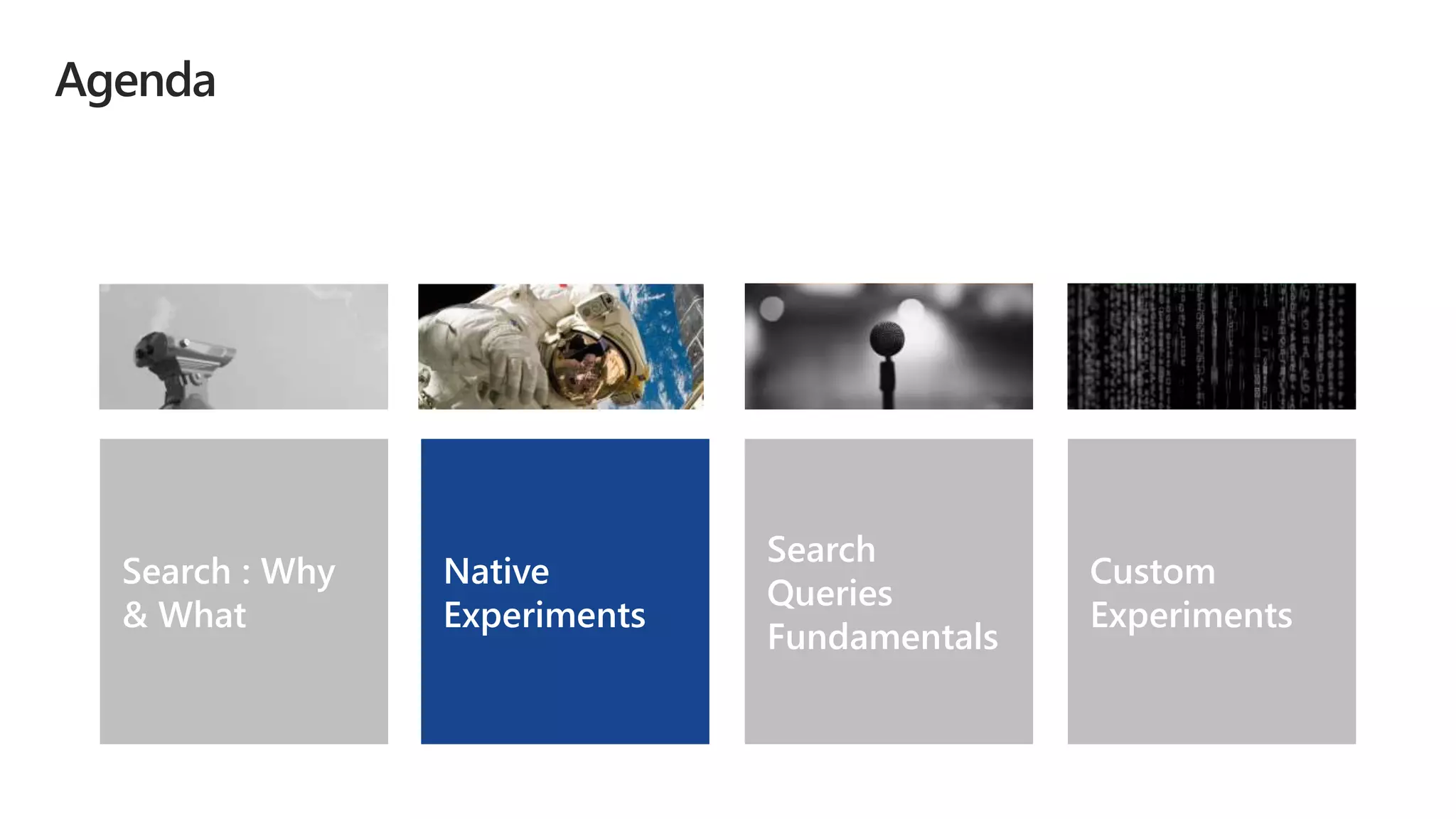 Custom
Experiments
Native
Experiments
Search : Why
& What
Search
Queries
Fundamentals
 