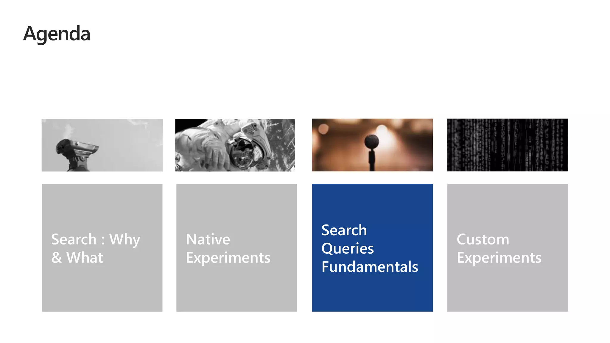 Custom
Experiments
Native
Experiments
Search
Queries
Fundamentals
Search : Why
& What
 