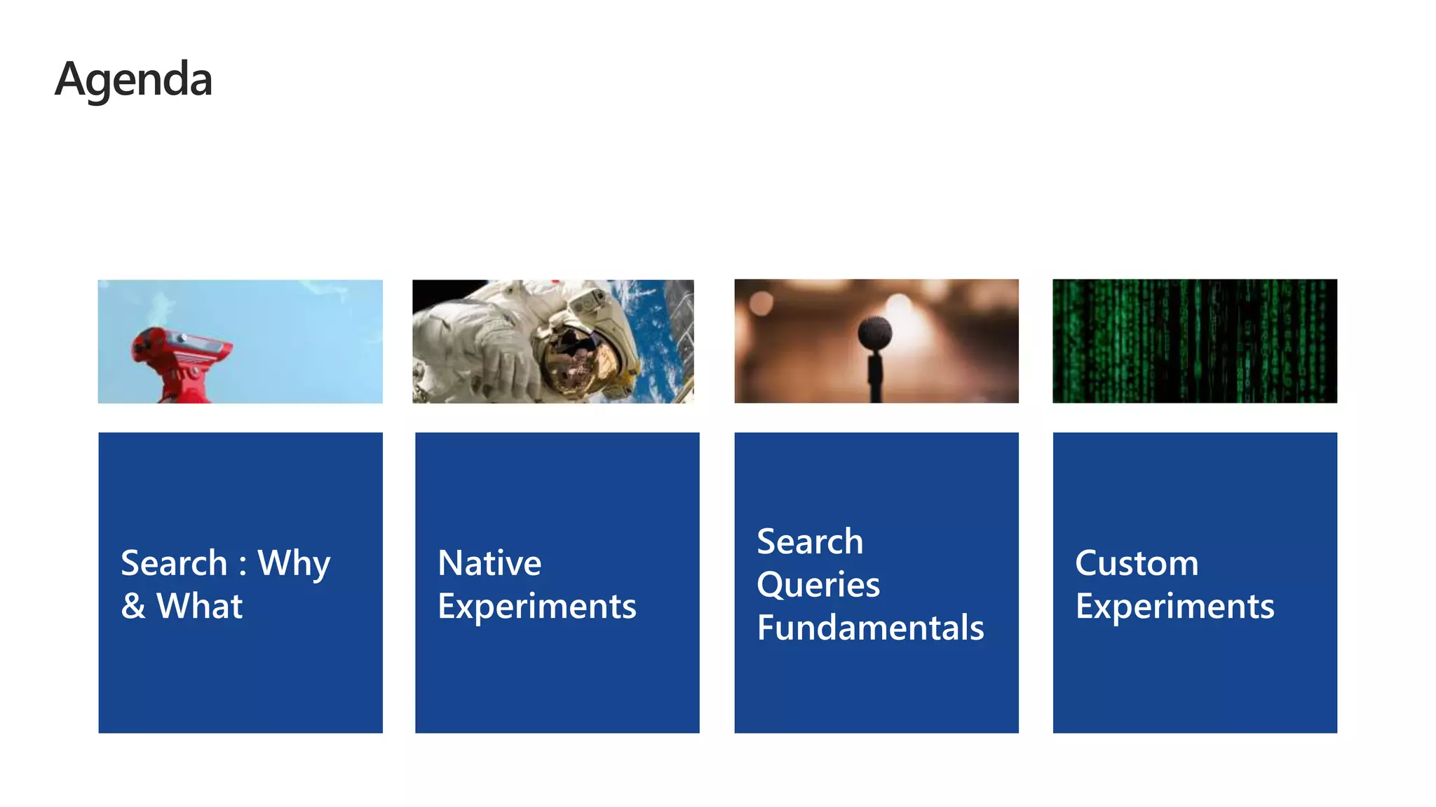 Custom
Experiments
Native
Experiments
Search : Why
& What
Search
Queries
Fundamentals
 