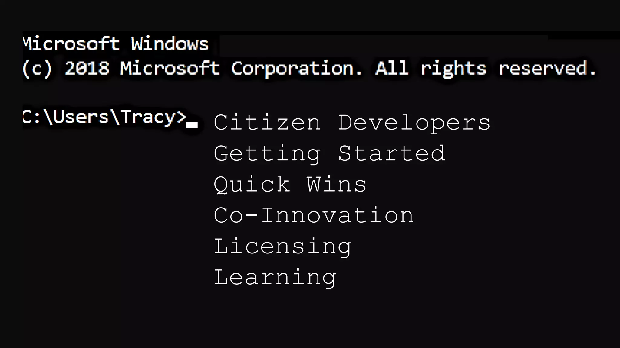 Citizen Developers
Getting Started
Quick Wins
Co-Innovation
Licensing
Learning
 