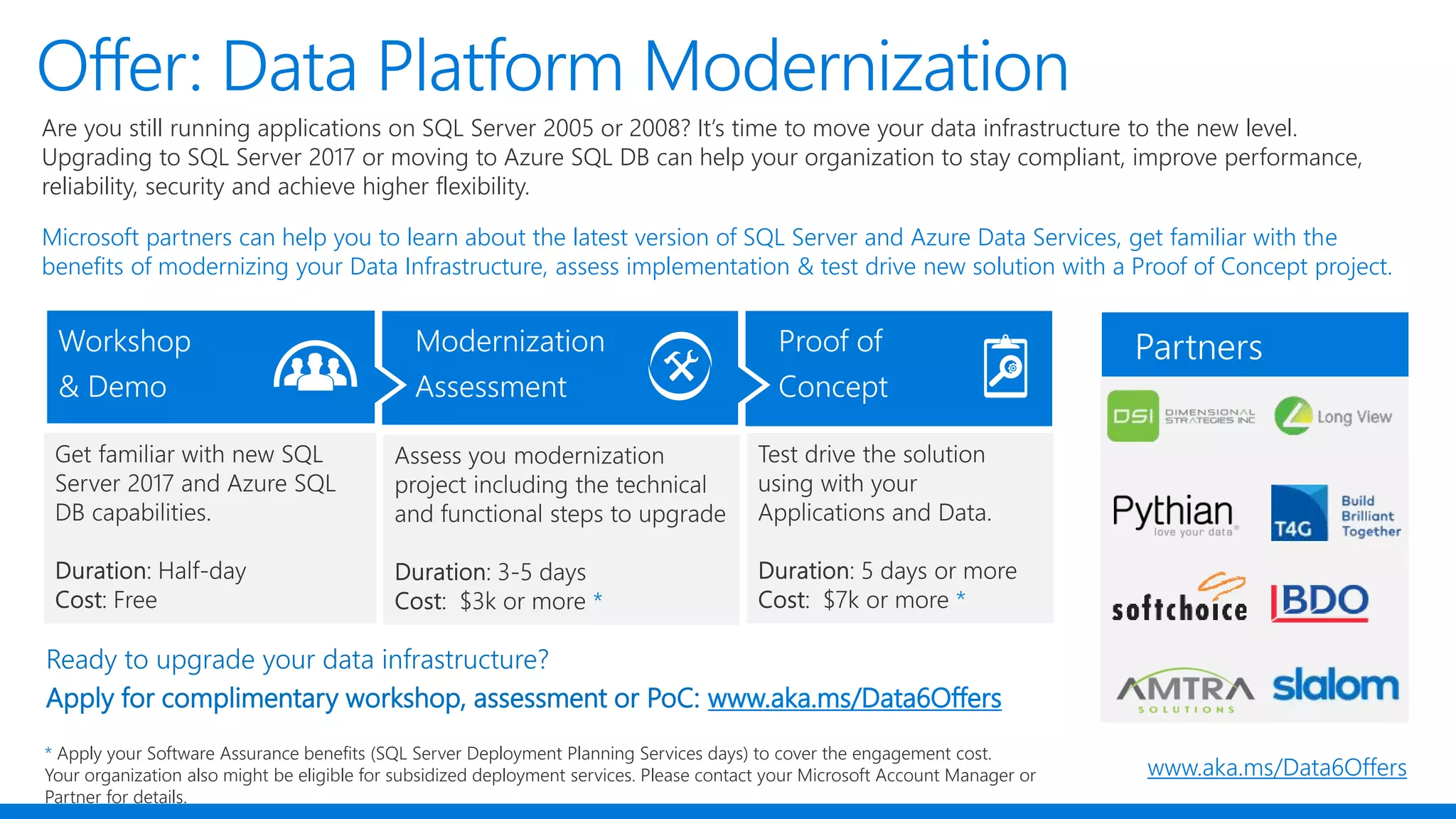 Offer: Data Platform Modernization
Are you still running applications on SQL Server 2005 or 2008? It’s time to move your data infrastructure to the new level.
Upgrading to SQL Server 2017 or moving to Azure SQL DB can help your organization to stay compliant, improve performance,
reliability, security and achieve higher flexibility.
Microsoft partners can help you to learn about the latest version of SQL Server and Azure Data Services, get familiar with the
benefits of modernizing your Data Infrastructure, assess implementation & test drive new solution with a Proof of Concept project.
Ready to upgrade your data infrastructure?
Apply for complimentary workshop, assessment or PoC: www.aka.ms/Data6Offers
* Apply your Software Assurance benefits (SQL Server Deployment Planning Services days) to cover the engagement cost.
Your organization also might be eligible for subsidized deployment services. Please contact your Microsoft Account Manager or
Partner for details.
www.aka.ms/Data6Offers
 