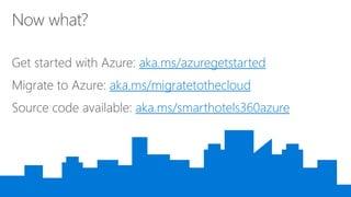 aka.ms/azuregetstarted
aka.ms/migratetothecloud
aka.ms/smarthotels360azure
 