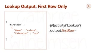 Lookup Output: First Row Only
{
"Name" : "colors",
"Extension" : "csv"
}
@{activity('Lookup')
.output.firstRow}
 