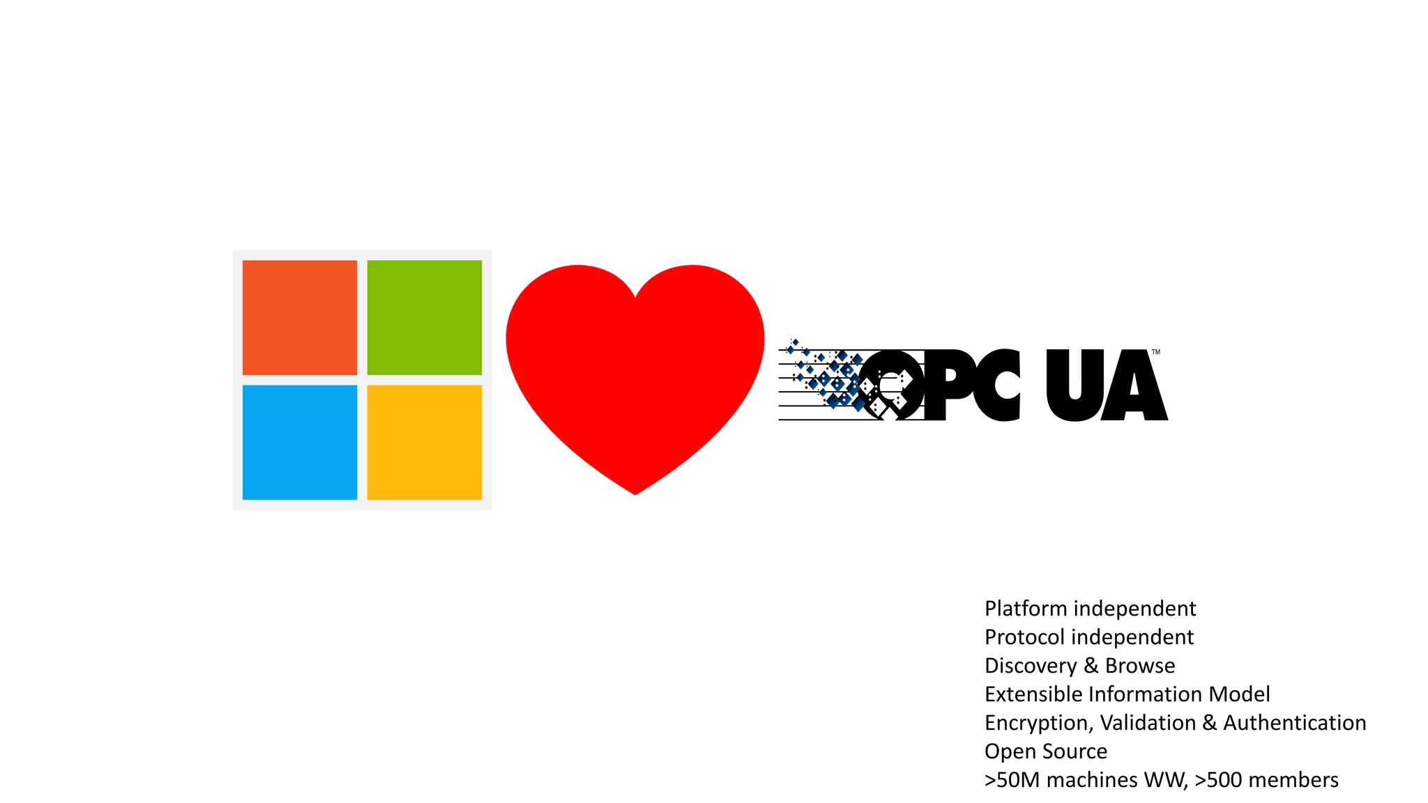 Platform independent
Protocol independent
Discovery & Browse
Extensible Information Model
Encryption, Validation & Authentication
Open Source
>50M machines WW, >500 members
 
