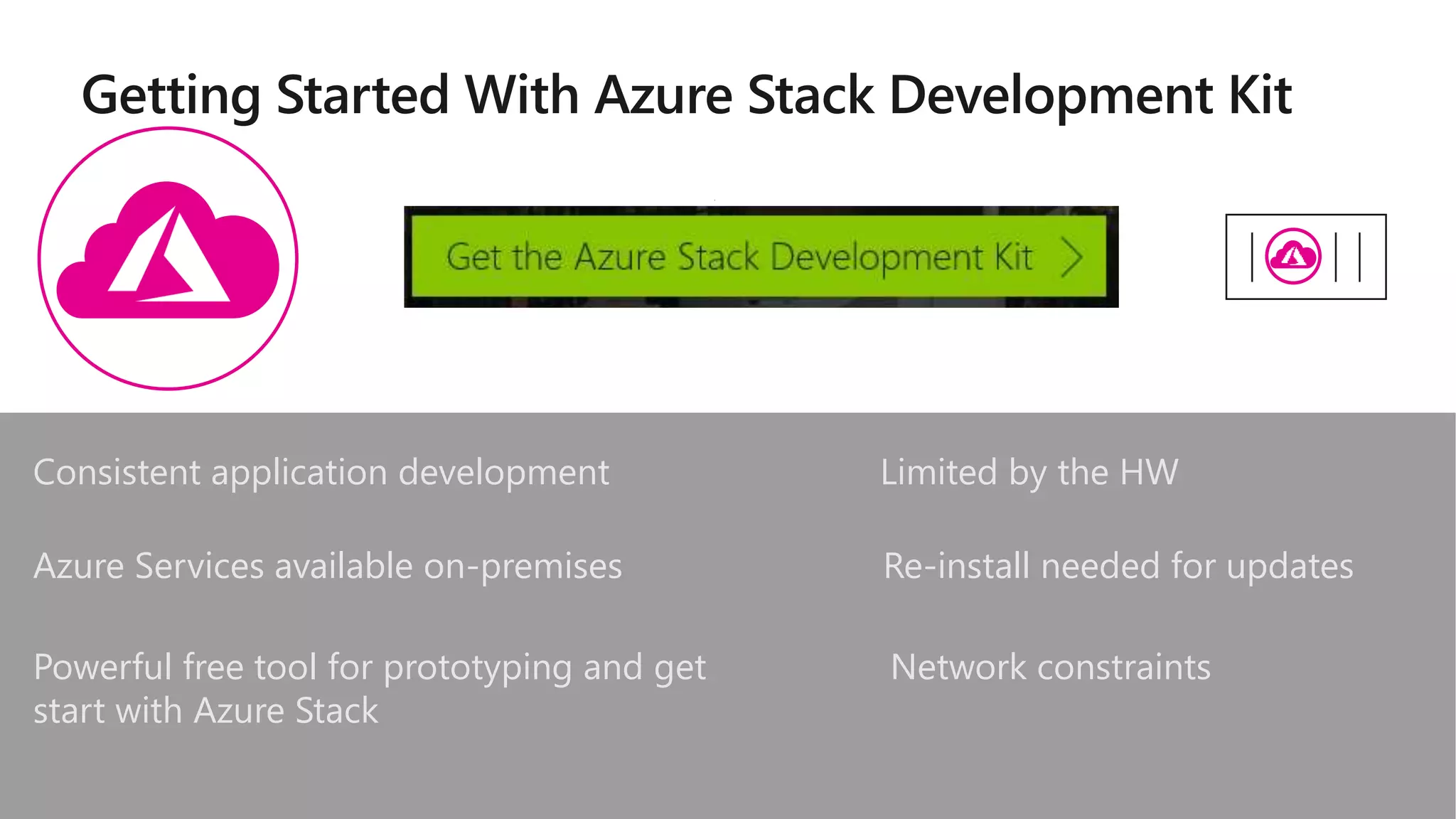 Getting Started With Azure Stack Development Kit
Limited by the HW
Re-install needed for updates
Network constraints
Consistent application development
Azure Services available on-premises
Powerful free tool for prototyping and get
start with Azure Stack
 