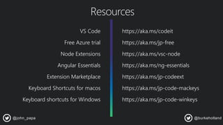 Resources
VS Code
Free Azure trial
Node Extensions
Angular Essentials
Extension Marketplace
Keyboard Shortcuts for macos
Keyboard shortcuts for Windows
@john_papa @burkeholland
https://aka.ms/codeit
https://aka.ms/jp-free
https://aka.ms/vsc-node
https://aka.ms/ng-essentials
https://aka.ms/jp-codeext
https://aka.ms/jp-code-mackeys
https://aka.ms/jp-code-winkeys
 