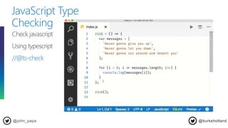 JavaScript Type
Checking
@john_papa
Check javascript
Using typescript
//@ts-check
@burkeholland
 
