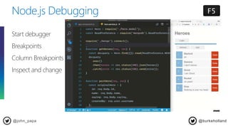 Node.js Debugging
@john_papa
Start debugger
Breakpoints
Column Breakpoints
Inspect and change
@burkeholland
 