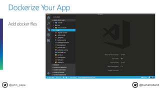 Dockerize Your App
@john_papa
Add docker files
@burkeholland
 
