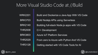 More Visual Studio Code at //Build
js apps with VS Code
C++ Development
@john_papa @burkeholland
 