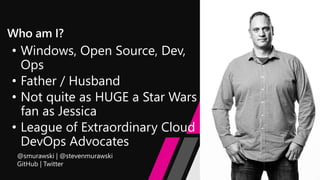 • Windows, Open Source, Dev,
Ops
• Father / Husband
• Not quite as HUGE a Star Wars
fan as Jessica
• League of Extraordinary Cloud
DevOps Advocates
 