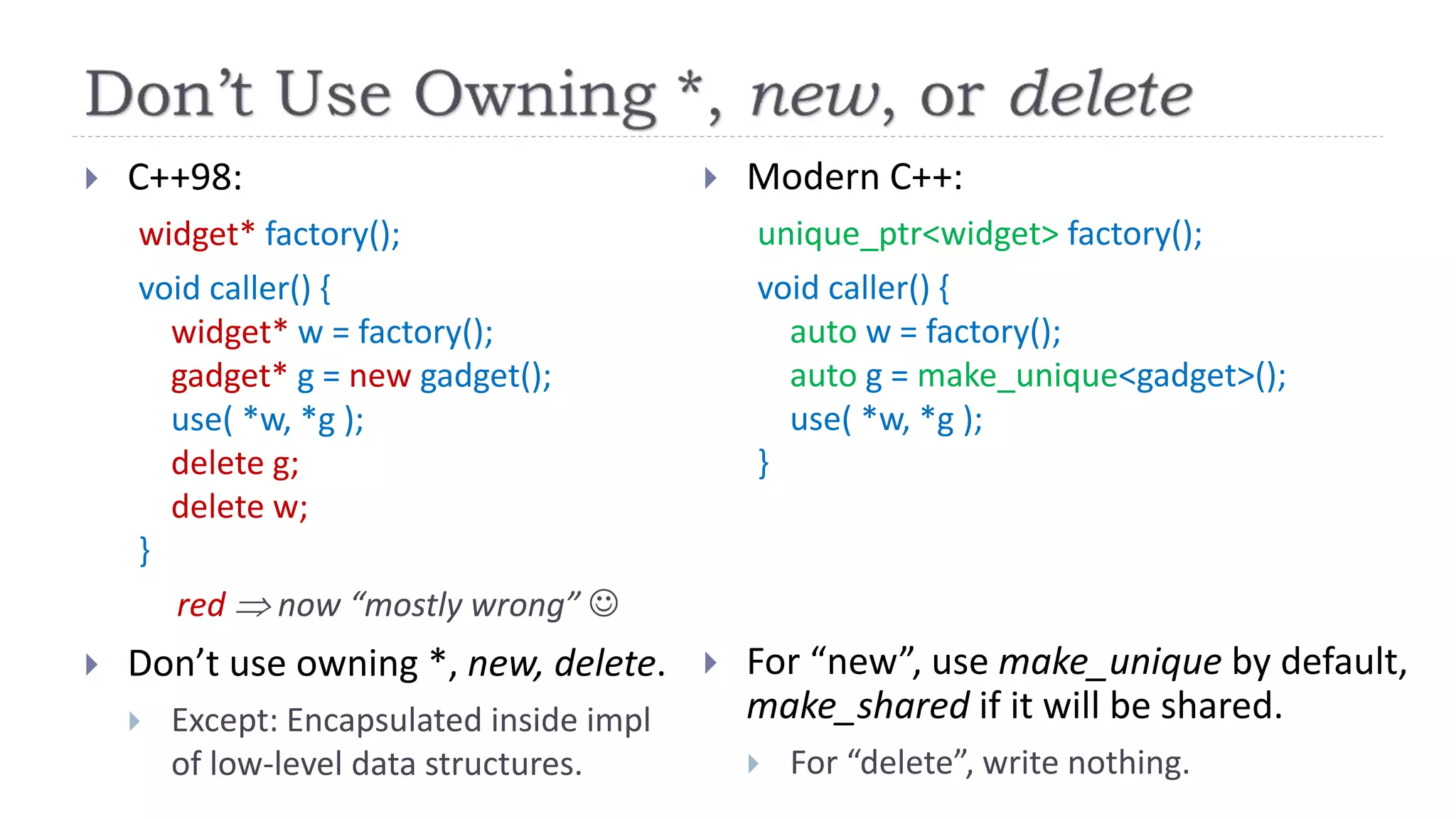  C++98:
widget* factory();
void caller() {
widget* w = factory();
gadget* g = new gadget();
use( *w, *g );
delete g;
delete w;
}
red  now “mostly wrong” 
 Don’t use owning *, new, delete.
 Except: Encapsulated inside impl
of low-level data structures.
 Modern C++:
unique_ptr<widget> factory();
void caller() {
auto w = factory();
auto g = make_unique<gadget>();
use( *w, *g );
}
 For “new”, use make_unique by default,
make_shared if it will be shared.
 For “delete”, write nothing.
 