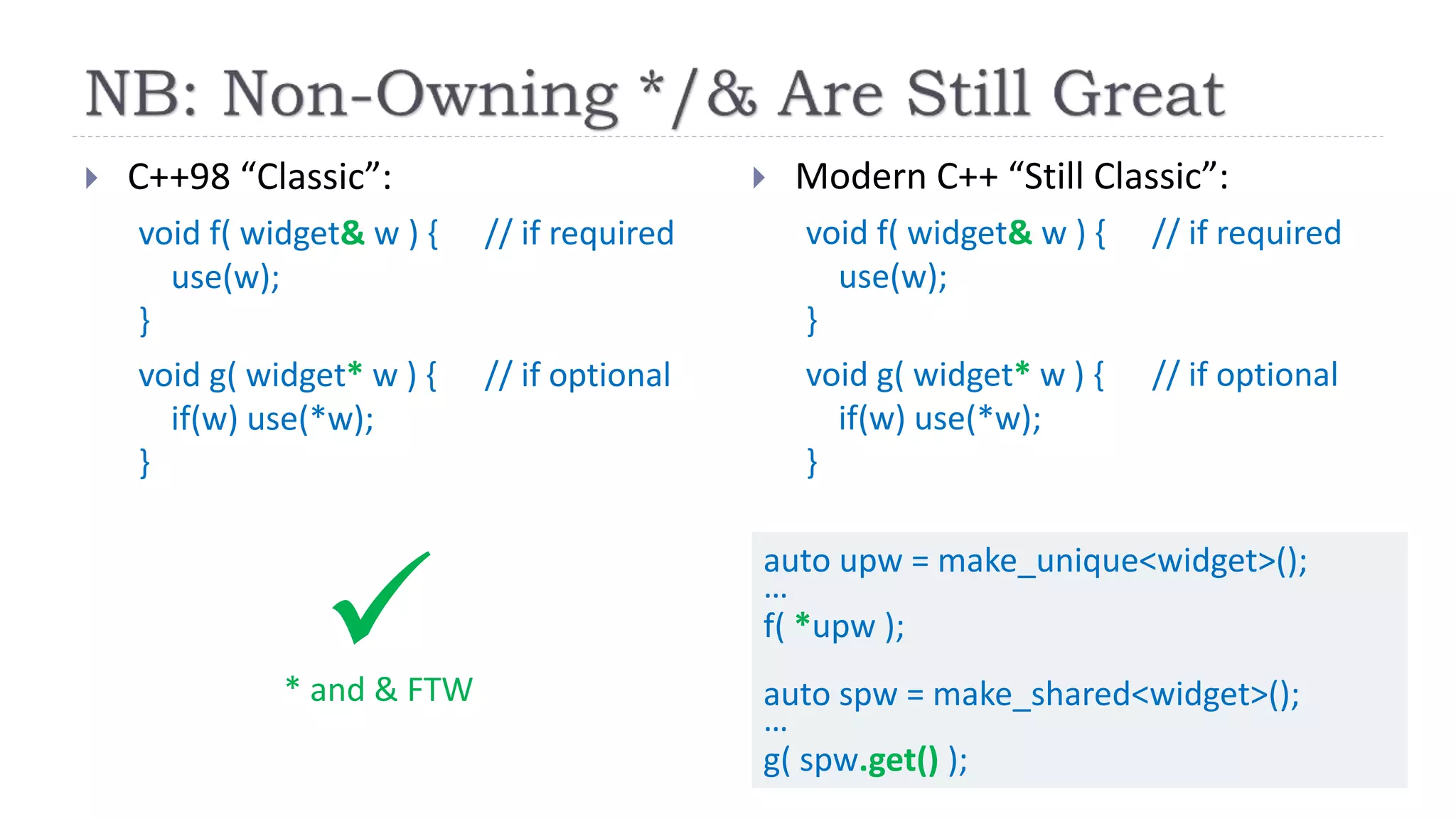  C++98 “Classic”:
void f( widget& w ) { // if required
use(w);
}
void g( widget* w ) { // if optional
if(w) use(*w);
}
 Modern C++ “Still Classic”:
void f( widget& w ) { // if required
use(w);
}
void g( widget* w ) { // if optional
if(w) use(*w);
}
auto upw = make_unique<widget>();
…
f( *upw );
auto spw = make_shared<widget>();
…
g( spw.get() );
* and & FTW
 