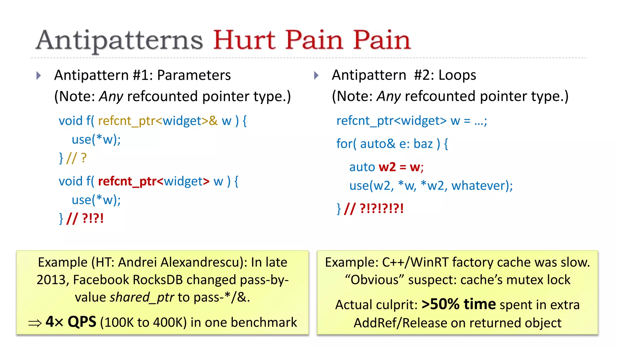  Antipattern #1: Parameters
(Note: Any refcounted pointer type.)
void f( refcnt_ptr<widget>& w ) {
use(*w);
} // ?
void f( refcnt_ptr<widget> w ) {
use(*w);
} // ?!?!
 Antipattern #2: Loops
(Note: Any refcounted pointer type.)
refcnt_ptr<widget> w = …;
for( auto& e: baz ) {
auto w2 = w;
use(w2, *w, *w2, whatever);
} // ?!?!?!?!
Example (HT: Andrei Alexandrescu): In late
2013, Facebook RocksDB changed pass-by-
value shared_ptr to pass-*/&.
 4 QPS (100K to 400K) in one benchmark
Example: C++/WinRT factory cache was slow.
“Obvious” suspect: cache’s mutex lock
Actual culprit: >50% time spent in extra
AddRef/Release on returned object
 