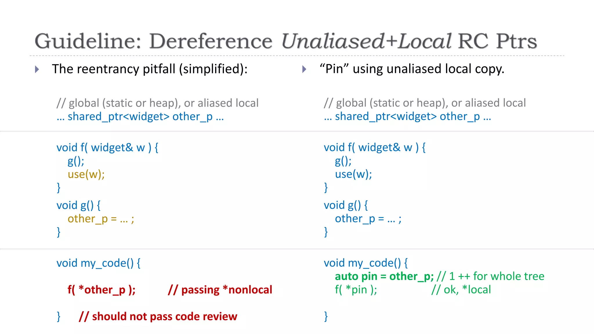  The reentrancy pitfall (simplified):
// global (static or heap), or aliased local
… shared_ptr<widget> other_p …
void f( widget& w ) {
g();
use(w);
}
void g() {
other_p = … ;
}
void my_code() {
f( *other_p ); // passing *nonlocal
} // should not pass code review
 “Pin” using unaliased local copy.
// global (static or heap), or aliased local
… shared_ptr<widget> other_p …
void f( widget& w ) {
g();
use(w);
}
void g() {
other_p = … ;
}
void my_code() {
auto pin = other_p; // 1 ++ for whole tree
f( *pin ); // ok, *local
}
 