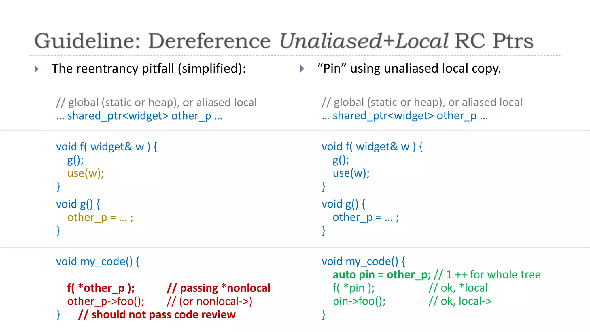  The reentrancy pitfall (simplified):
// global (static or heap), or aliased local
… shared_ptr<widget> other_p …
void f( widget& w ) {
g();
use(w);
}
void g() {
other_p = … ;
}
void my_code() {
f( *other_p ); // passing *nonlocal
other_p->foo(); // (or nonlocal->)
} // should not pass code review
 “Pin” using unaliased local copy.
// global (static or heap), or aliased local
… shared_ptr<widget> other_p …
void f( widget& w ) {
g();
use(w);
}
void g() {
other_p = … ;
}
void my_code() {
auto pin = other_p; // 1 ++ for whole tree
f( *pin ); // ok, *local
pin->foo(); // ok, local->
}
 