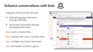 Integrate with Azure Bot Services
A. Natural language interaction
through chat bots
B. Structured commands through
messaging extensions
New: send or receive files
New: interact with users in private chats
New: multiple structured commands
New: Bot Builder 4.0 SDK support
 