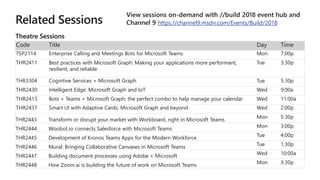 Code Title Day Time
TSP2114 Enterprise Calling and Meetings Bots for Microsoft Teams Mon 7:00p
THR2411 Best practices with Microsoft Graph: Making your applications more performant,
resilient, and reliable
Tue 3:30p
THR3304 Cognitive Services + Microsoft Graph Tue 5:30p
THR2430 Intelligent Edge: Microsoft Graph and IoT Wed 9:00a
THR2413 Bots + Teams + Microsoft Graph: the perfect combo to help manage your calendar Wed 11:00a
THR2437 Smart UI with Adaptive Cards, Microsoft Graph and beyond Wed 2:00p
THR2443 Transform or disrupt your market with Workboard, right in Microsoft Teams Mon 5:30p
THR2444 Woobot.io connects Salesforce with Microsoft Teams Mon 3:00p
THR2445 Development of Kronos Teams Apps for the Modern Workforce Tue 4:00p
THR2446 Mural: Bringing Collaborative Canvases in Microsoft Teams Tue 1:30p
THR2447 Building document processes using Adobe + Microsoft Wed 10:00a
THR2448 How Zoom.ai is building the future of work on Microsoft Teams Mon 3:30p
Theatre Sessions
View sessions on-demand with //build 2018 event hub and
Channel 9 https://channel9.msdn.com/Events/Build/2018
 