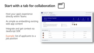 Host your app’s experience
directly within Teams
As simple as embedding existing
web app content
Integrate and get context via
JavaScript SDK
Example: list of applicants to a
job position
 