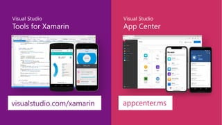 Visual Studio
Tools for Xamarin
Visual Studio
App Center
visualstudio.com/xamarin appcenter.ms
 