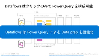 Dataflows はクリックのみで Power Query を構成可能
Power BI でのセルフサービスのデータ準備:
https://docs.microsoft.com/ja-jp/power-bi/service-dataflows-overview
[BRK3208]Democratizing self-service data preparation within Microsoft Power BI, Power Apps and Flow using Dataflows
https://myignite.techcommunity.microsoft.com/sessions/83498?source=SessionDeck
 