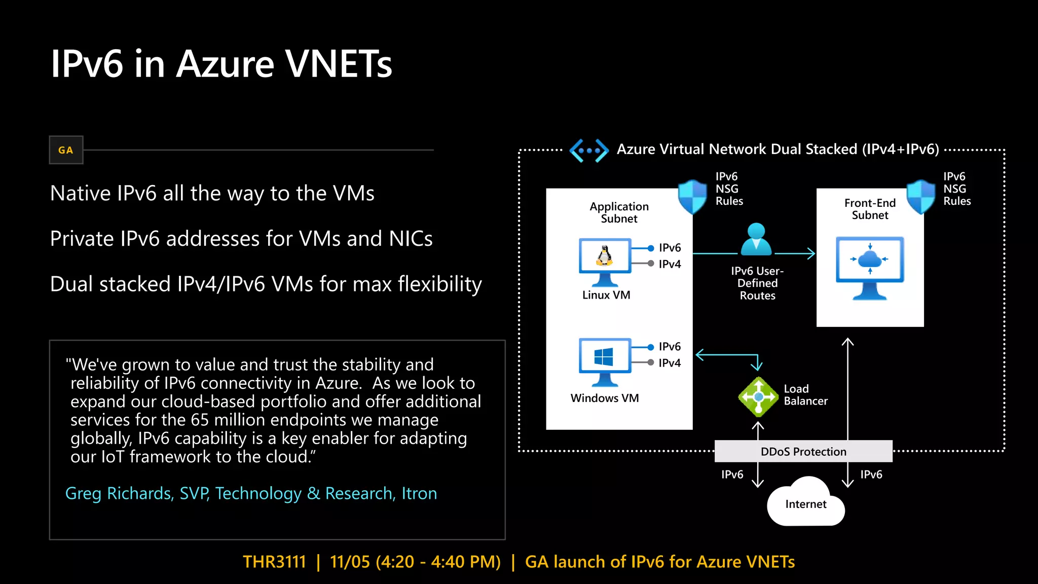 IPv6 in Azure VNETs
THR3111 | 11/05 (4:20 - 4:40 PM) | GA launch of IPv6 for Azure VNETs
"We've grown to value and trust the stability and
reliability of IPv6 connectivity in Azure. As we look to
expand our cloud-based portfolio and offer additional
services for the 65 million endpoints we manage
globally, IPv6 capability is a key enabler for adapting
our IoT framework to the cloud.”
Greg Richards, SVP, Technology & Research, Itron
Native IPv6 all the way to the VMs
Private IPv6 addresses for VMs and NICs
Dual stacked IPv4/IPv6 VMs for max flexibility
GA
Internet
IPv6 User-
Defined
Routes
IPv6
NSG
Rules
IPv6
Load
Balancer
IPv6
IPv6
IPv4
Windows VM
Front-End
Subnet
IPv6
NSG
RulesApplication
Subnet
DDoS Protection
IPv6
IPv4
Linux VM
Azure Virtual Network Dual Stacked (IPv4+IPv6)
 