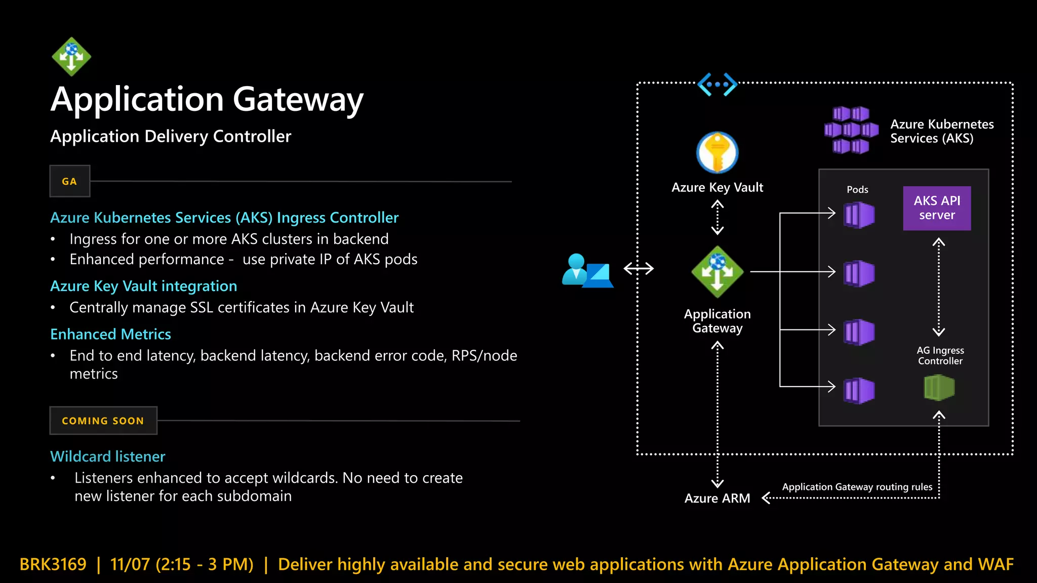 BRK3169 | 11/07 (2:15 - 3 PM) | Deliver highly available and secure web applications with Azure Application Gateway and WAF
Application Gateway
Azure Kubernetes Services (AKS) Ingress Controller
•
•
Azure Key Vault integration
•
Enhanced Metrics
•
GA
Wildcard listener
•
COMING SOON
Application
Gateway
Azure ARM
Azure Key Vault
Azure Kubernetes
Services (AKS)
AKS API
server
AG Ingress
Controller
Pods
Application Gateway routing rules
Application Delivery Controller
 