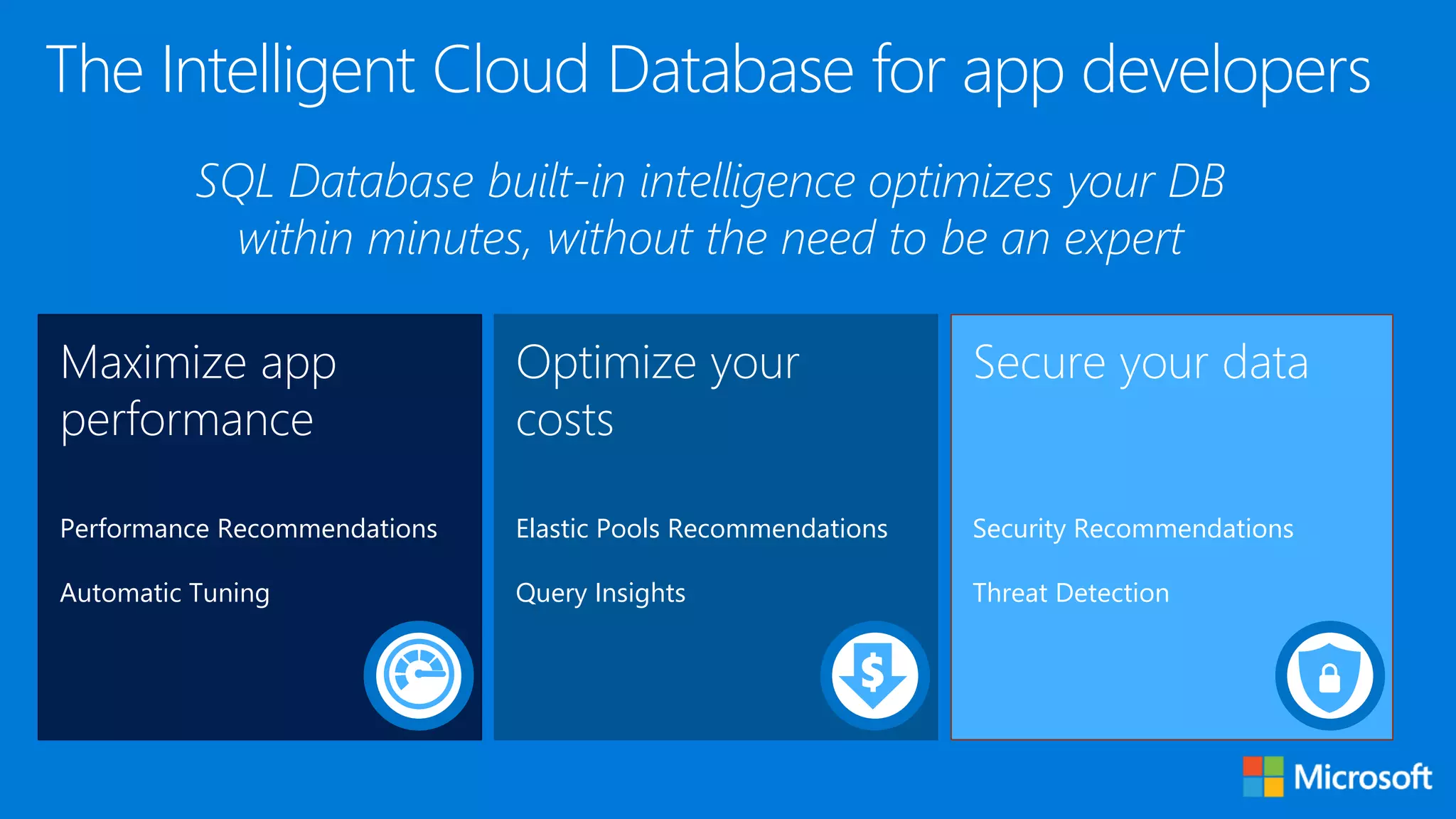 Maximize app
performance
Performance Recommendations
Automatic Tuning
Optimize your
costs
Elastic Pools Recommendations
Query Insights
Secure your data
Security Recommendations
Threat Detection
The Intelligent Cloud Database for app developers
SQL Database built-in intelligence optimizes your DB
within minutes, without the need to be an expert
 