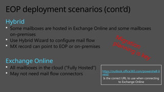 Hybrid
 Some mailboxes are hosted in Exchange Online and some mailboxes
on-premises
 Use Hybrid Wizard to configure mail flow
 MX record can point to EOP or on-premises
Exchange Online
 All mailboxes in the cloud (“Fully Hosted”)
 May not need mail flow connectors
EOP deployment scenarios (cont’d)
https://outlook.office365.com/powershell-li
veid/
Is the correct URL to use when connecting
to Exchange Online
Migration
planning is key
 