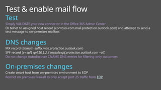 Test & enable mail flow
Test
Simply VALIDATE your new connector in the Office 365 Admin Center
Or telnet to assigned host record (contoso-com.mail.protection.outlook.com) and attempt to send a
test message to on-premises mailbox
DNS changes
MX record (domain-suffix.mail.protection.outlook.com)
SPF record (v=spf1 ip4:10.1.2.3 include:spf.protection.outlook.com –all)
Do not change Autodiscover CNAME DNS entries for filtering-only customers
On-premises changes
Create smart host from on-premises environment to EOP
Restrict on premises firewall to only accept port 25 traffic from EOP
 