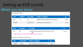 Setting up EOP (cont’d)
When you are done:
HINT: Keep your on-premises IP addresses in here too!
 