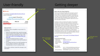 User-friendly Getting deeper
Who can fix it?
Indicates error
details
Who generated
the NDR?
joe@contoso.com
 