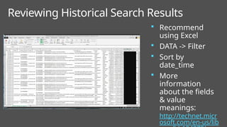 Reviewing Historical Search Results
 Recommend
using Excel
 DATA -> Filter
 Sort by
date_time
 More
information
about the fields
& value
meanings:
http://technet.micr
osoft.com/en-us/lib
 