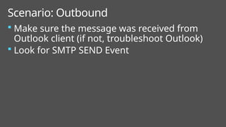  Make sure the message was received from
Outlook client (if not, troubleshoot Outlook)
 Look for SMTP SEND Event
Scenario: Outbound
 