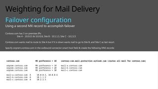 Weighting for Mail Delivery
Failover configuration
Using a second MX record to accomplish failover
Contoso.com has 3 on-premises IPs:
Site A - 10.0.0.5 & 10.0.0.6, Site B - 10.1.1.5, Site C - 10.2.2.5
Contoso.com wants mail to route to Site A but if it is down wants mail to go to Site B, and Site C as last resort.
Specify onprem.contoso.com in the outbound connector smart host field & create the following DNS records:
contoso.com MX preference = 10 contoso-com.mail.protection.outlook.com (routes all mail for contoso.com)
onprem.contoso.com MX preference = 10 mail-a.contoso.com
onprem.contoso.com MX preference = 20 mail-b.contoso.com
onprem.contoso.com MX preference = 30 mail-c.contoso.com
mail-a.contoso.com A 10.0.0.5, 10.0.0.6
mail-b.contoso.com A 10.1.1.5
mail-c.contoso.com A 10.2.2.5
 