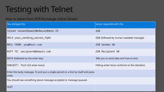 Testing with Telnet
How to telnet from EOP/Exchange online Tenant:
You do/type this Server responds with this
Telnet tenantDomainMxRecordHere 25 220
HELO your_sending_server_fqdn 250 (followed by human readable message)
MAIL FROM: you@host.com 250 Sender OK
RCPT TO: recipient@domain.com 250 Recipient OK
DATA (followed by the enter key) Tells you to send data and how to end.
SUBJECT: Test (hit enter twice) Hitting enter twice conforms to the standard.
Enter the body message. To end put a single period on a line by itself and press
enter.
You should see something about message accepted or message queued.
QUIT
 