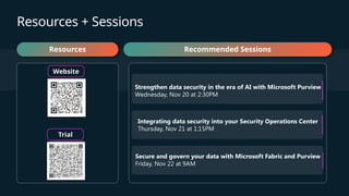 Resources + Sessions
Resources Recommended Sessions
QR Code
Trial
Website
Strengthen data security in the era of AI with Microsoft Purview
Wednesday, Nov 20 at 2:30PM
Integrating data security into your Security Operations Center
Thursday, Nov 21 at 1:15PM
Secure and govern your data with Microsoft Fabric and Purview
Friday, Nov 22 at 9AM
 