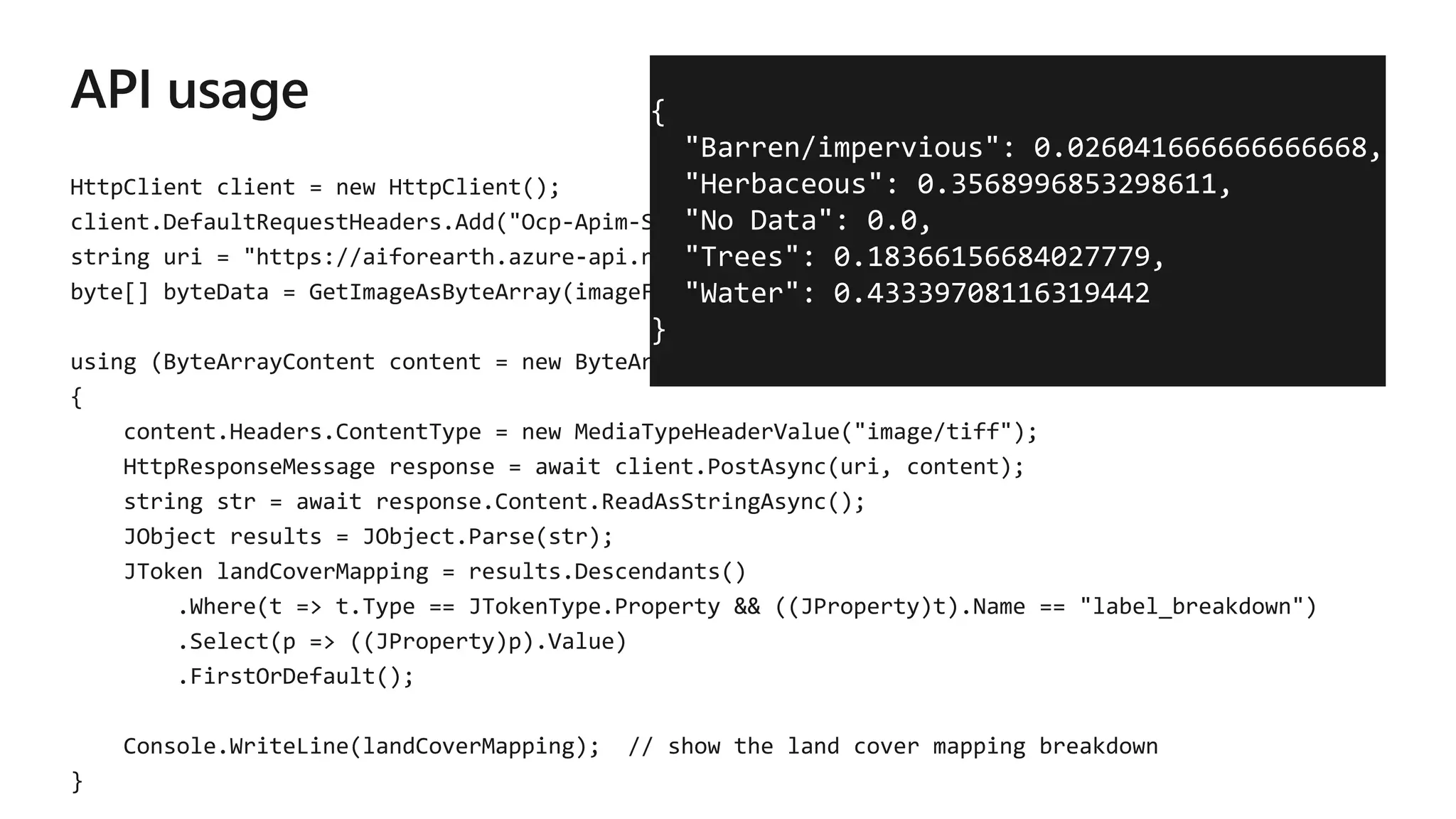 {
"Barren/impervious": 0.026041666666666668,
"Herbaceous": 0.3568996853298611,
"No Data": 0.0,
"Trees": 0.18366156684027779,
"Water": 0.43339708116319442
}
 